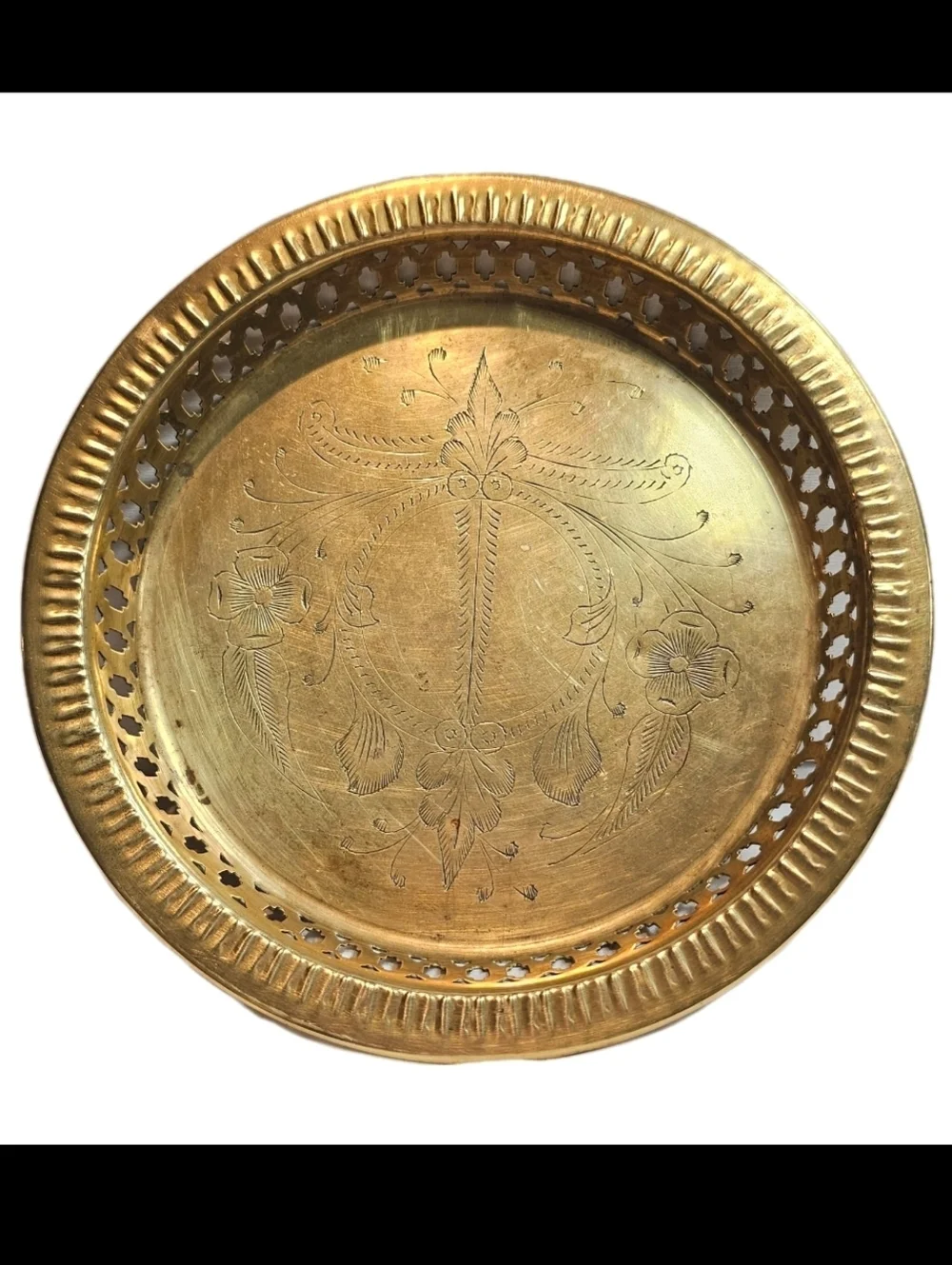 Vintage Brass Reticulated Edge Tray  Etched Engraved Serving  Decorative Tray